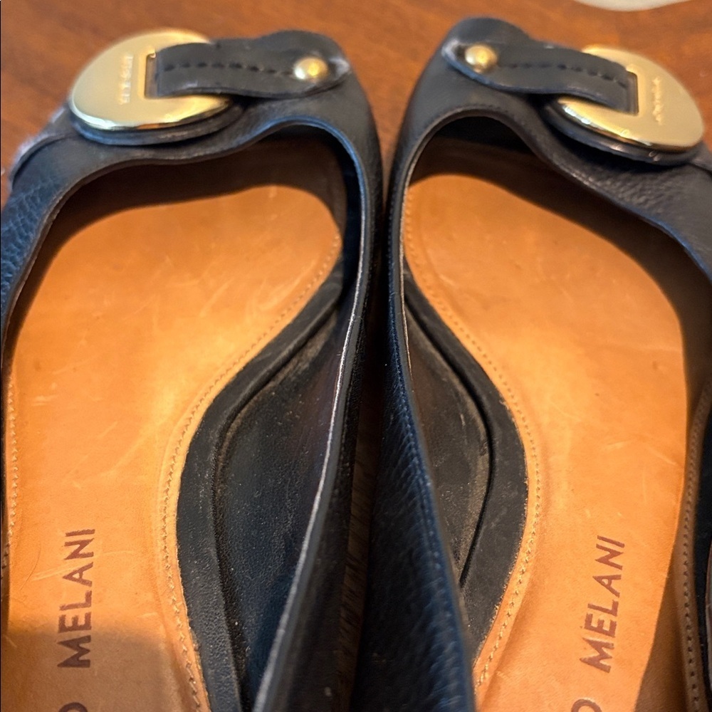Antonio Melani Black Leather shoes  short wedge heel  gold tone buckle/rivet toe - Picture 11 of 11